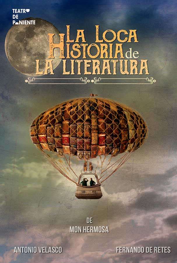Globo aerostático hecho de libros volando con la luna al fondo