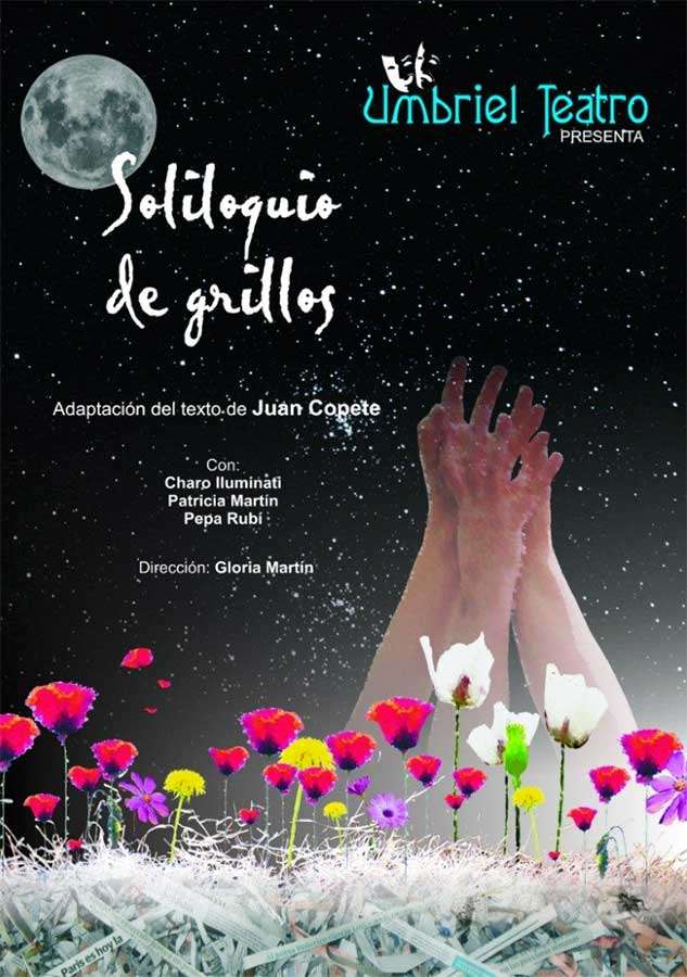 Campo de flores con manos y luna de fondo. Cartel de la obra