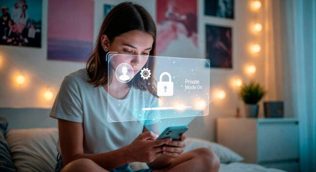 Joven utilizando el modo privado en un smartphone para proteger su privacidad y seguridad digital durante la navegación por Internet.