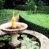 Fuente circular en el jardín romántico de El Bosque con los caños de sus zampilli en el borde de la pila y nenúfares en su interior (foto de José Muñoz Domínguez, 1999)