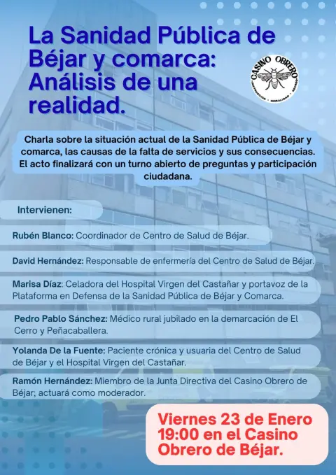 Cartel de la charla La Sanidad Pública de Béjar y comarca: Análisis de una realidad. Incluye los nombres y cargos de los participantes.