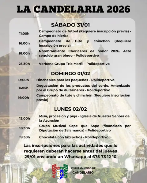 Cartel con actividades que se celebrarán con motivo de la Festividad de la Virgen de la Candelaria. Candelario 2026
