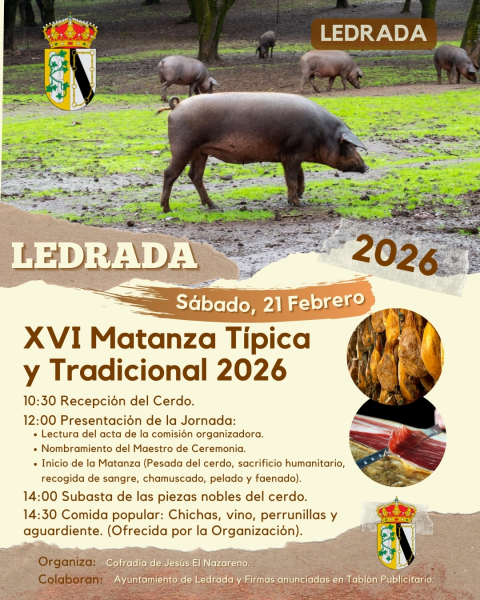 Cartel promocional de la Matanza Típica 2026 de Ledrada. Incluye fotografía de un cerdo y programa de actividades