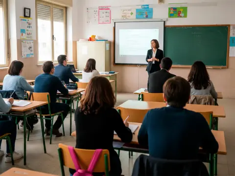 Taller formativo para familias en un aula escolar con padres sentados en pupitres mientras una formadora imparte la sesión