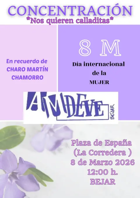 Cartel de la concentración del 8M en Béjar en recuerdo de Charo Martín Chamorro, convocada por Amdeve en la Plaza de España (La Corredera) el 8 de marzo de 2026 a las 12:00 horas.