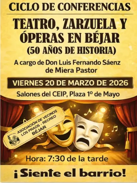 Cartel de la conferencia sobre teatro, zarzuela y óperas en Béjar organizada por la asociación vecinal en marzo de 2026