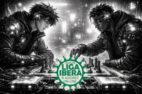 Ilustración Liga Íbera de ajedrez online 2025-26 con jugadores enfrentándose en tablero digital, Béjar participante destacado