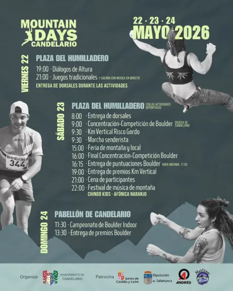 Cartel oficial de Mountain Days Candelario 2026 en Salamanca. Calendario de actividades de montaña del 22 al 24 de mayo con competiciones de boulder, kilómetro vertical Risco Gordo y festival de música.