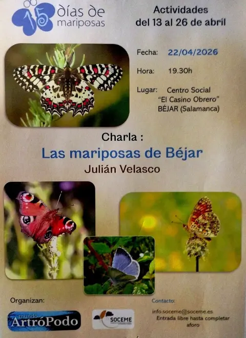 Cartel de la charla Las mariposas de Béjar en el Casino Obrero de Béjar el 22 de abril de 2026