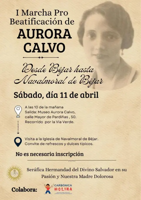 Cartel de la marcha por la beatificación de Aurora Calvo entre Béjar y Navalmoral el 11 de abril