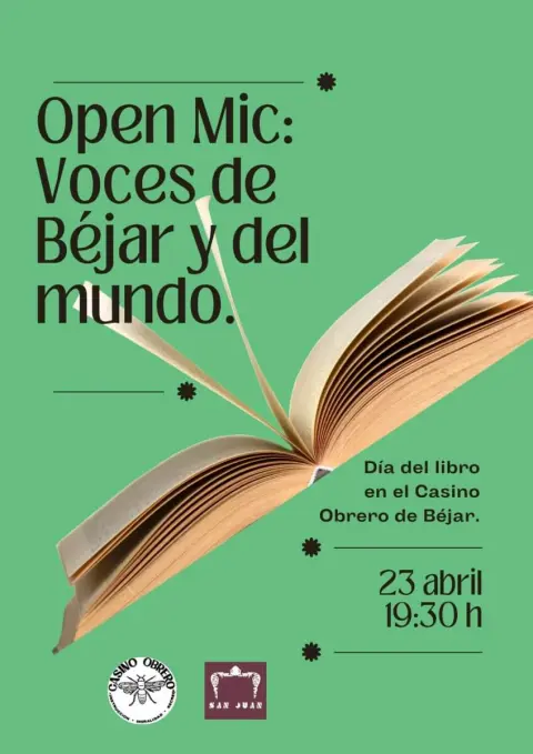 Cartel de Open Mic Voces de Béjar y del mundo en el Casino Obrero de Béjar por el Día del Libro