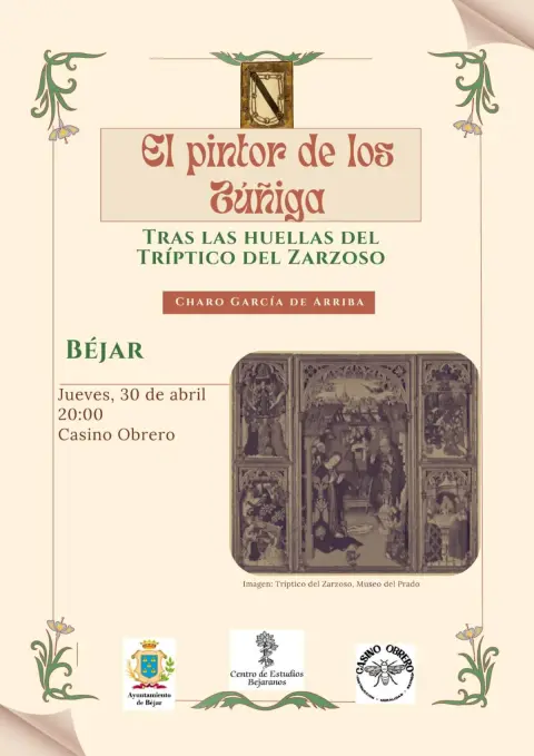 Cartel de la conferencia sobre el Tríptico del Zarzoso en Béjar organizada por el Centro de Estudios Bejaranos en el Casino Obrero.