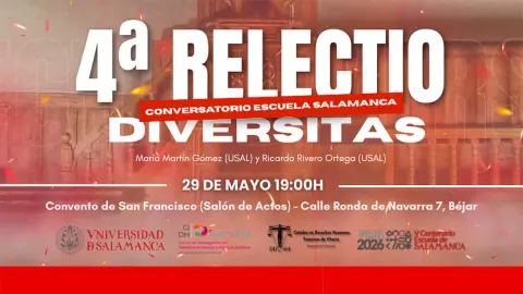 Cartel de Relectio Diversitas en Béjar sobre la Escuela de Salamanca en el Convento de San Francisco