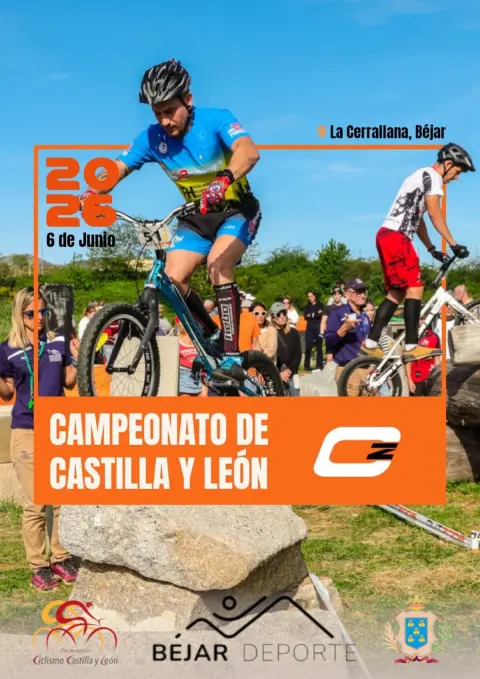 Cartel anunciador del Campeonato de Trial de Castilla y León que se desarrollará en La Cerrallana, Béjar. Con ciclista participante en una prueba de trial