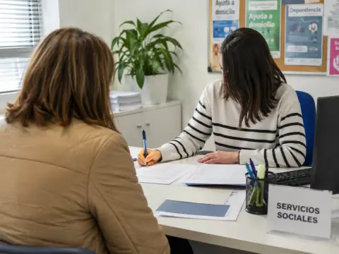 Trabajadora social atiende a una vecina en un despacho de Servicios Sociales, en una imagen de recurso sobre la atención social de proximidad en Béjar.
