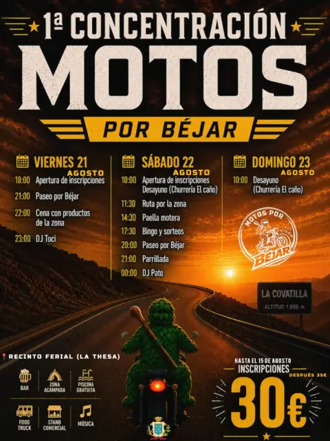 Cartel de la 1.ª Concentración Motos por Béjar, que se celebrará los días 21, 22 y 23 de agosto en Béjar