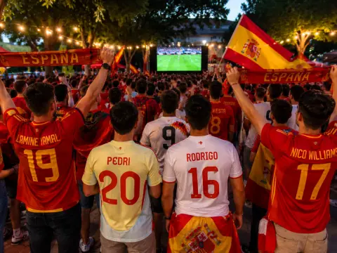Aficionados de la selección española, de espaldas y con camisetas oficiales, animan frente a una pantalla gigante durante una Fan Zone para seguir un partido de España.