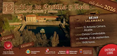 Cartel de la conferencia sobre Béjar en Pamplona, con una fotografía de El Bosque y los datos del acto del 25 de septiembre de 2026