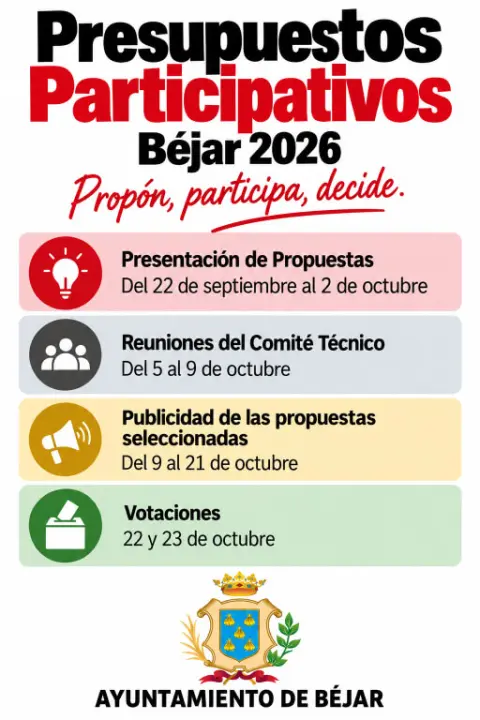 Cartel del Ayuntamiento de Béjar con las fechas de presentación de propuestas, revisión técnica y votaciones de los presupuestos participativos 2026