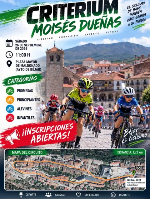 Cartel del Criterium Moisés Dueñas 2026, con ciclistas infantiles y el mapa del circuito urbano de Béjar