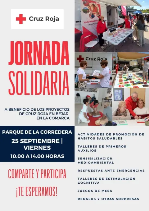 Cartel de la jornada solidaria de Cruz Roja en Béjar, con fotografías de actividades y horario del 25 de septiembre