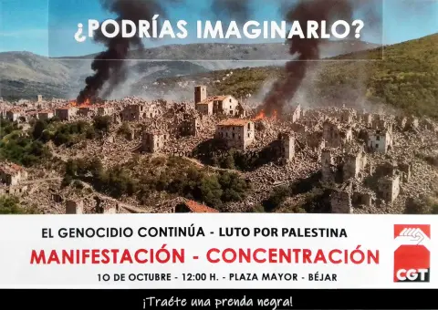 Cartel de la manifestación y concentración por Palestina convocada el 10 de octubre en la Plaza Mayor de Béjar.