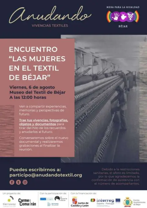 Texto Encuentro "Las mujeres en el textil de Béjar" con imagen de interior de una industria textil