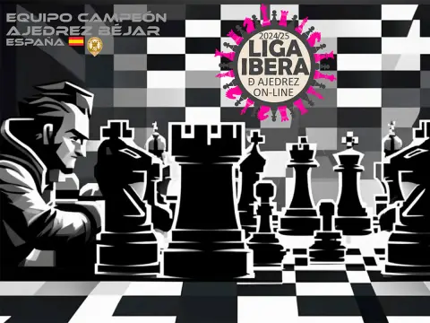 Ilustración de ajedrecistas enfrentados representando al equipo Ajedrez Béjar, campeón de la Liga Íbera online 2024-25
