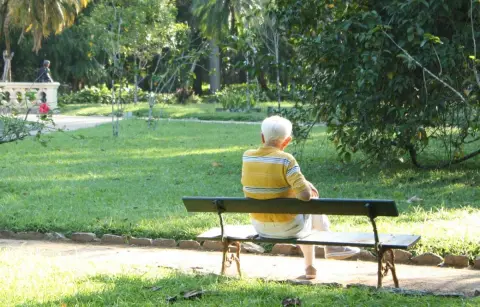 Anciano sentado en un banco de parque