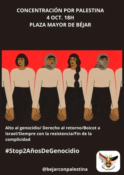 Cartel de la concentración por Palestina en Béjar el 4 de octubre de 2025 a las 18:00 horas en la Plaza Mayor, convocada por el grupo Béjar con Palestina