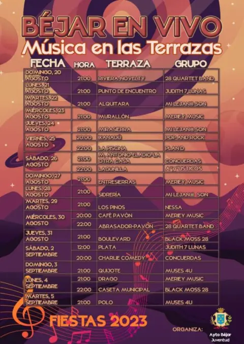 Cartel con listado de conciertos Béjar en Vivo