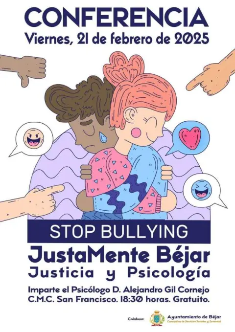 Cartel de la conferencia "JustaMente Béjar: Justicia y Psicología", sobre la prevención del bullying, que se celebrará el 21 de febrero de 2025 en Béjar.