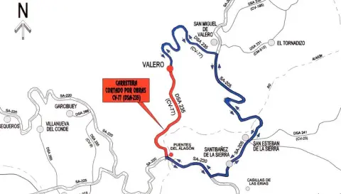 Corte de carretera entre Puentes del Alagón y Valero