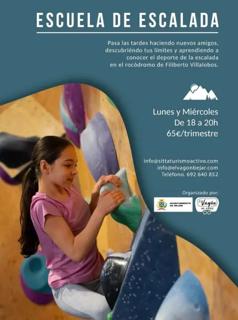 Cartel de la Escuela Bejarana de Escalada con niña practicando escalada en el rocódromo