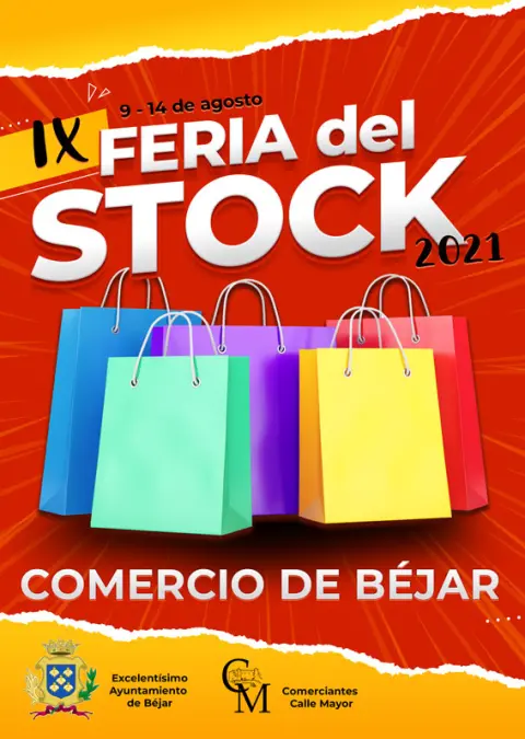 Cartel rojo y amarillo con dibujos de bolsas de papel de colores