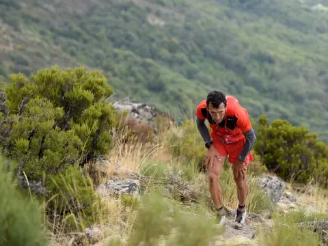 Deportista subiendo montaña