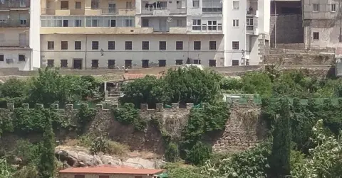 Vista parcial de la muralla de Béjar cubierta de vegetación, con riesgo de deterioro por falta de mantenimiento.