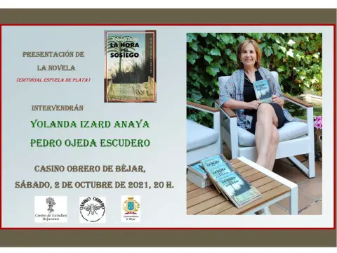 Composición con foto de la autora e información sobre la presentación