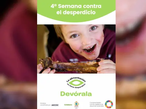 Cartel con una cara de un niño, texto promocional y logos